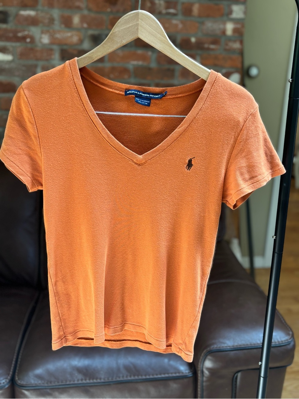 Ralph Lauren Sport Womens Vintage Orange V-Neck T-Shirt Size L Y2K Pony Logo